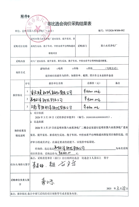 昆明市第六水质净化厂网络通讯修复项目非比选会询价结果公示